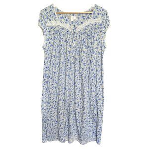 Eileen West Sz L Soft Modal Knit Cap Sleeve Nightgown Blue Yellow Floral Lace